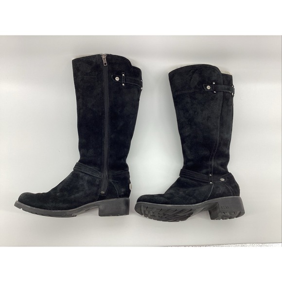 UGG Australia Jillian Riding Boots Wmns Sz 7.5 Black Suede Shearling Equestrian - Picture 2 of 7